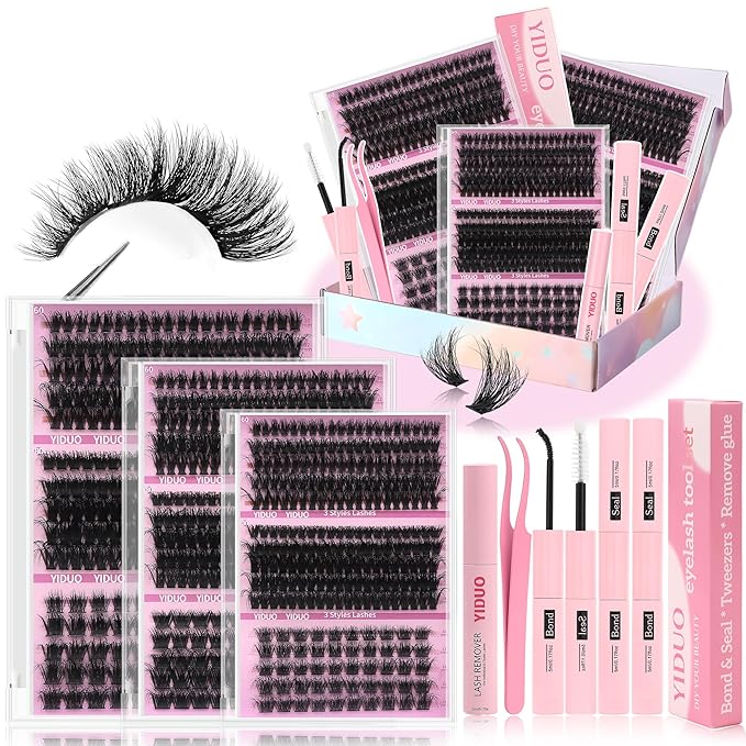 YIDUO Lash Clusters Kit with 2X Bond&Seal 770Pcs 5 style Thick Volume Clusters Lashes Extensions Kit Faux Mink Individual Wispy False Eyelashes Clusters Kit DIY at Home Easily
