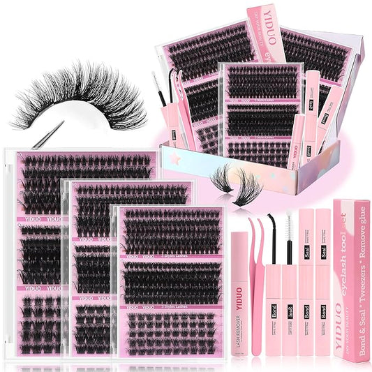 YIDUO Lash Clusters Kit with 2X Bond&Seal 770Pcs 5 style Thick Volume Clusters Lashes Extensions Kit Faux Mink Individual Wispy False Eyelashes Clusters Kit DIY at Home Easily