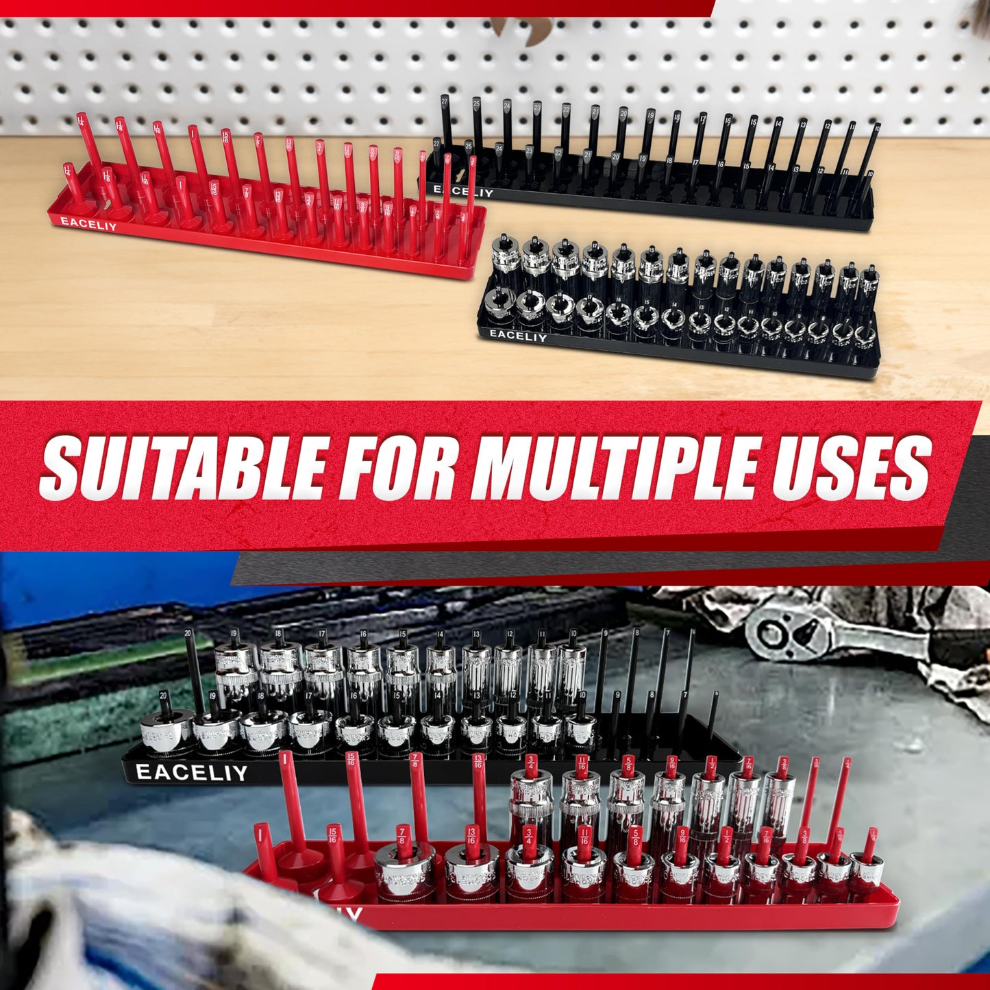 EACELIY 6PCS Socket Organizer Tray Set,1/2", 1/4" and 3/8" SAE & Metric Deep & Shallow Socket Holder Kit, Deep and Shallow Socket Holders for Toolboxes(sockets not included)