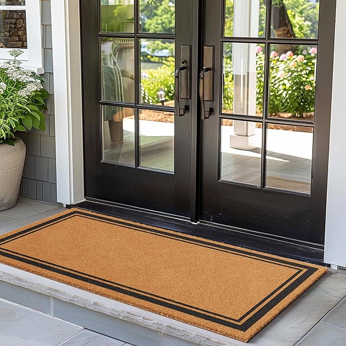 Barnyard Designs Natural Coco Coir Heavy Duty Backing Doormat - Large Cute Non-Slip Front Door Welcome Mat for Outside Entrance or Porch Entry, Brown (36x72, Border)