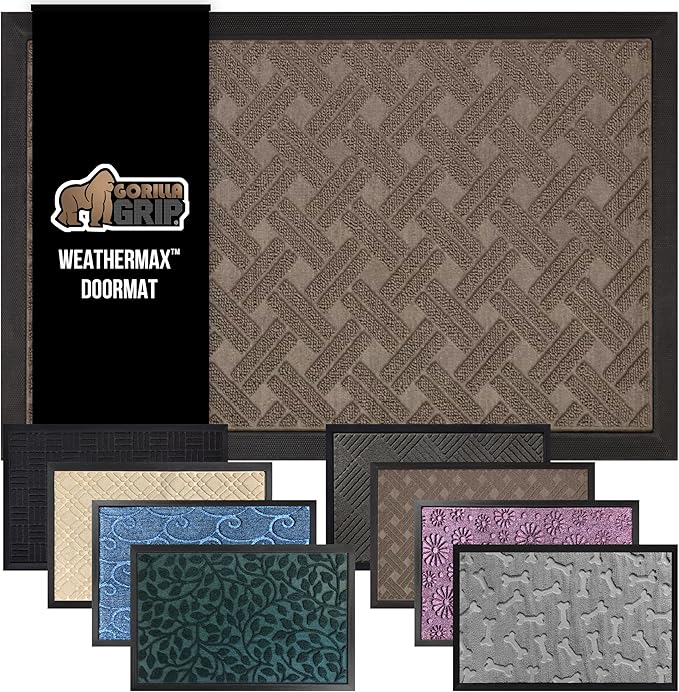 GORILLA GRIP 100% Waterproof All-Season WeatherMAX Doormat, US Designed Natural Rubber, Stain and Fade Resistant, Low Profile Indoor Outdoor Door Mats, Easy Clean Patio Mat, 17x29, Taupe Basket Weave