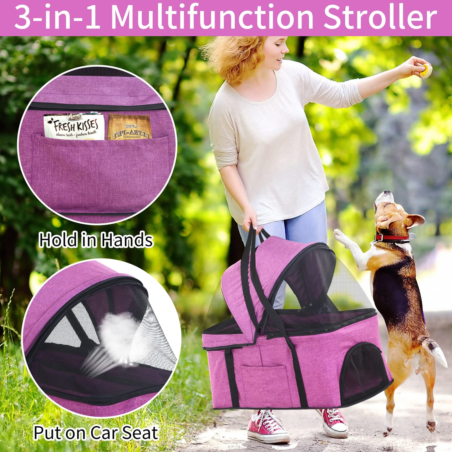 BLKMTY Dog Stroller 3-in-1 Folding Pet Strollers 4 Wheels Cat Stroller w/Storage Basket Dog Carrier Trolley One-Button Switch Travel Strollers with Safety Belt Detachable Carrier, Purple