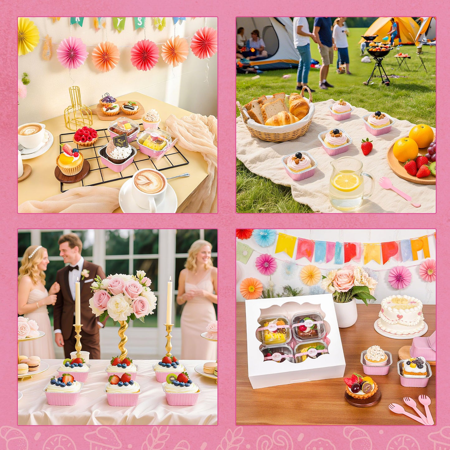 NPLUX 50 Pcs Mini Cake Pans with Lids and Spoons Aluminum Foil Mini Square Baking Cups with Lids Disposable Ramekins Cake Pans Dessert Cups for Wedding Birthday Party(Pink,5oz)
