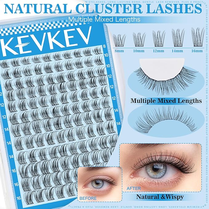 Wispy Lash Clusters Kit Ultra-thin Band Natural Eyelash Clusters 8-16mm Lash Extension Kit Mix Length Clear Band Natural Look Cluster Eyelash Extensions With Lash Bond DIY Lash At Home(Wispy05)