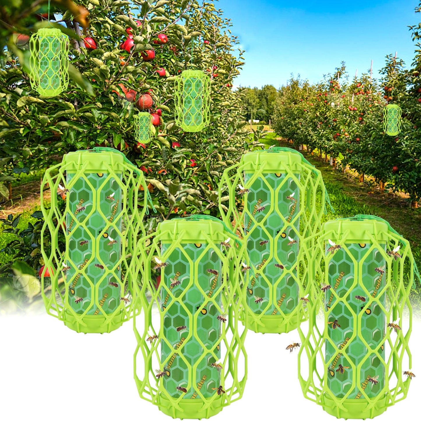 Sancodee 4 Pack Upgraded Wasp Trap Outdoor Hanging, Carpenter Bee and Hornet Catcher, Reusable Yellow Jacket Trap with Bait Reservoir, Bee Killer and Wasp Catcher for Outside (Green)
