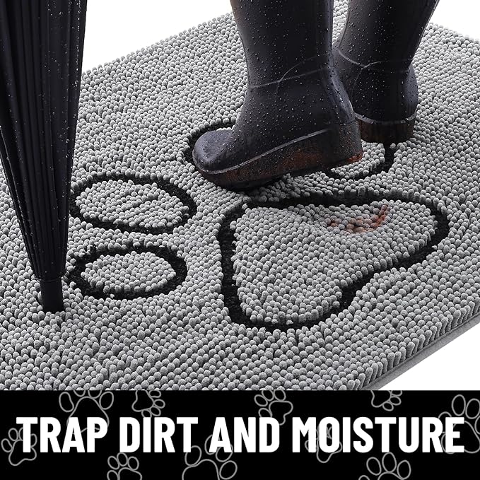 Smiry Dog Door Mat for Muddy Paws, Absorbent Dirt Trapper Non Slip Quick Dry Washable Chenille Mat for Mud Dogs, Entry Rug for Indoor and Outdoor (70x35 Inches, Grey and Black)