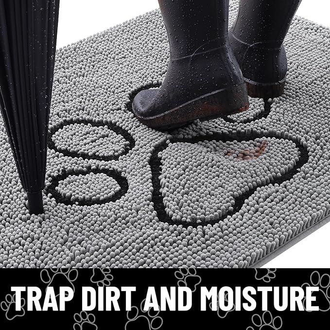 Smiry Dog Door Mat for Muddy Paws, Absorbent Dirt Trapper Non Slip Quick Dry Washable Chenille Mat for Mud Dogs, Entry Rug for Indoor and Outdoor (48x30 Inches, Grey and Black)