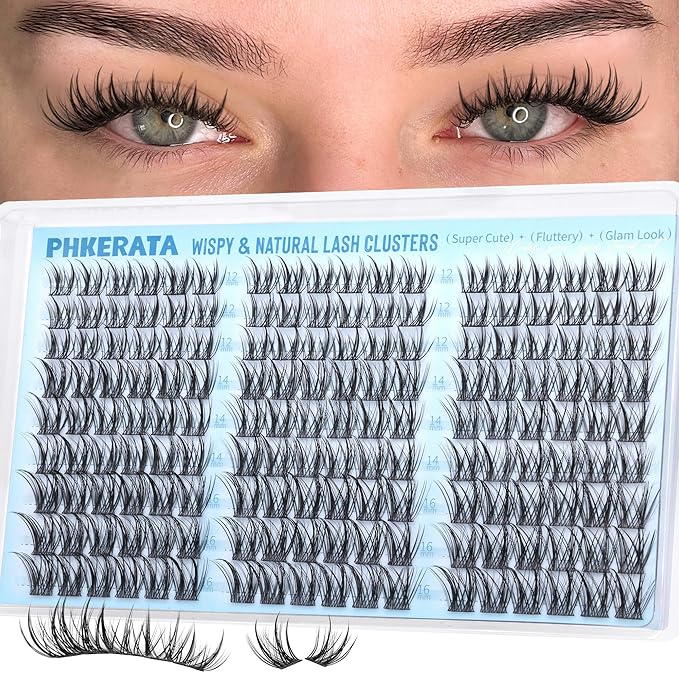 PHKERATA Manga Lash Clusters 12-14-16mm Wispy Natural Cluster Eyelash Extensions, 162Pcs Spiky Lashes Clusters C Curl Individual Lashes for DIY Eye Makeup