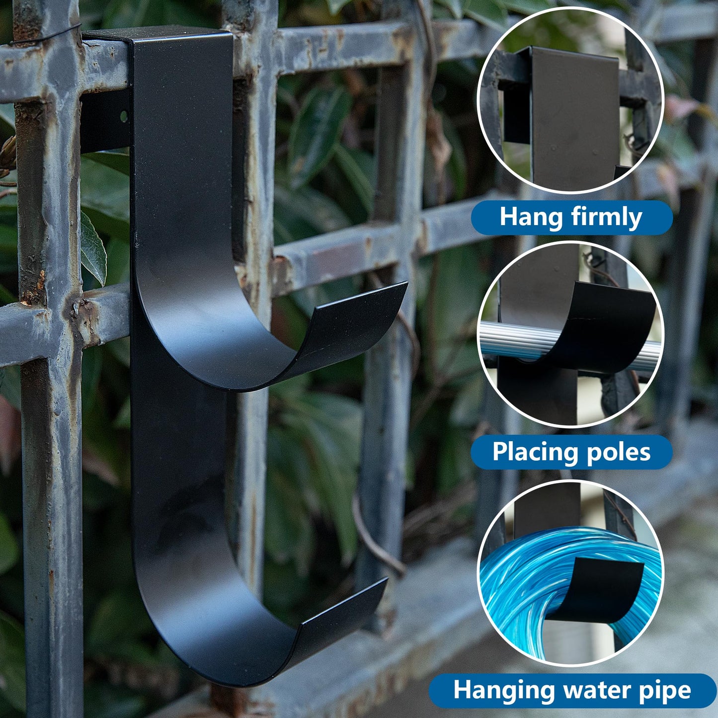 codree 4 Pcs Pool Fence Hooks for Pool Equipment, Black Heavy Duty Fence Hooks for Pool Poles, Slipe-on Fences Hanger for Pools Hose Pools Skimmer, Fit 3/4 Inch to 1-1/4 inch Railing