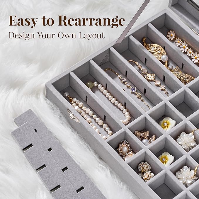 48 Grid Earring Organizer and Storage: Velvet Jewelry Tray with Lid, Jewelry Box for Studs, Earrings, Rings, Necklaces, Dresser & Vanity, Earrings Case Organizer for Girls, Women, 13"x8.6"x2.4", Grey
