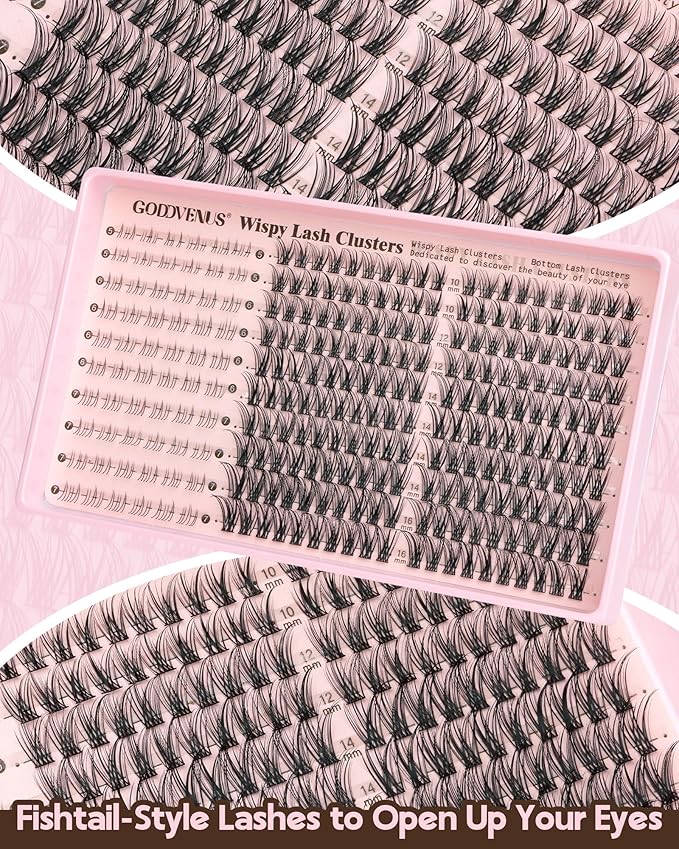 Goddvenus 250Pcs Natural Lash Clusters Kit Cluster Eyelash Extensions Kit Wispy DIY C Curl Individual Lashes Clusters With Bottom Eyelashes