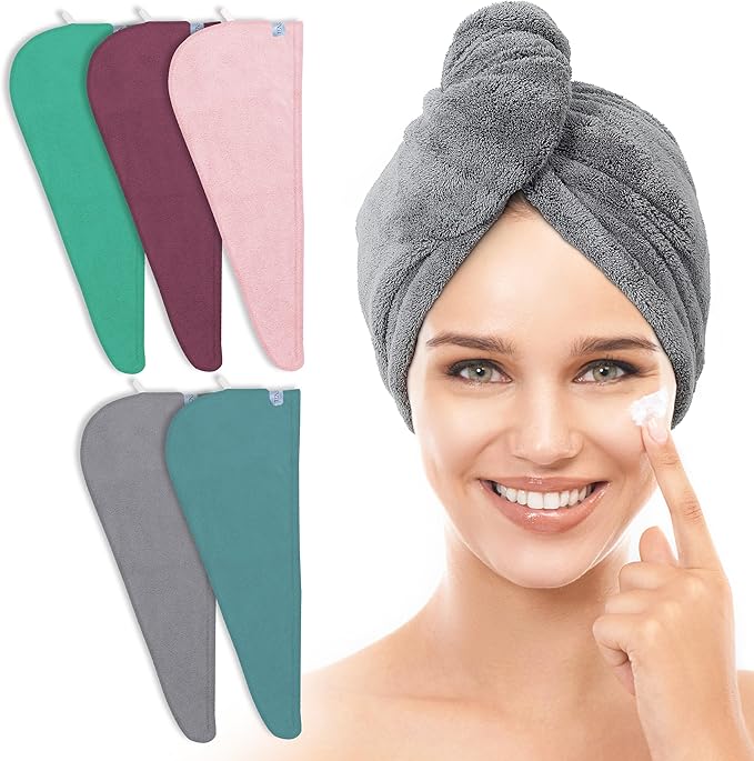 TENSTARS 5 Pack Thicken Microfiber Hair Towel Wrap for Women - Elastic Loop Design - 320GSM Coral Velvet - Quick Dry Hair Turban - 11x28 Inch (Aqua Green+Pink+Burgundy+Teal+Grey)
