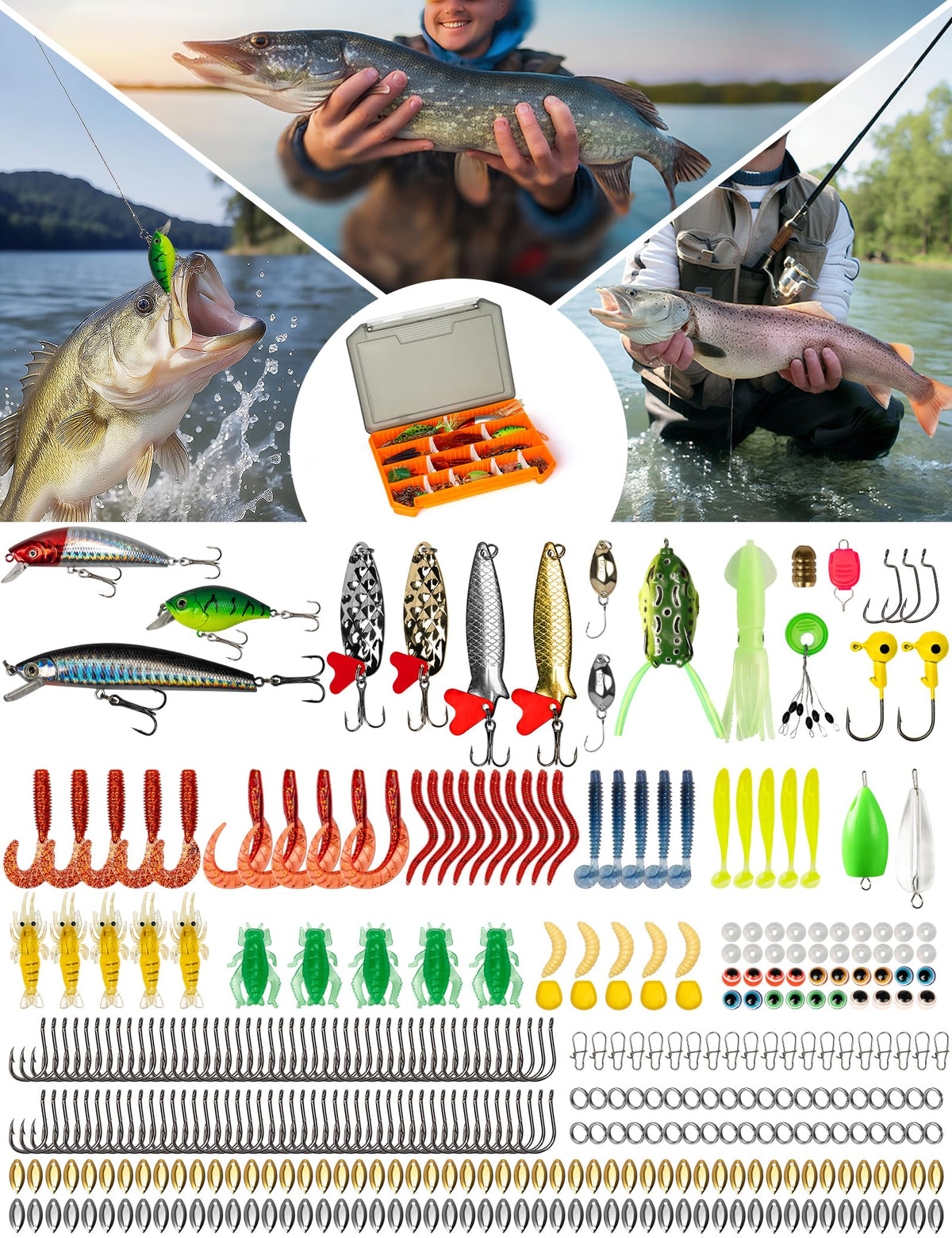 Pullther fishing Fishing Lures,380Pcs Tackle Box with Tackle Included, Fishing Gear with Frogs,Soft Baits, Hooks & Other Accessories,Fishing Bait Kit for Bass Trout