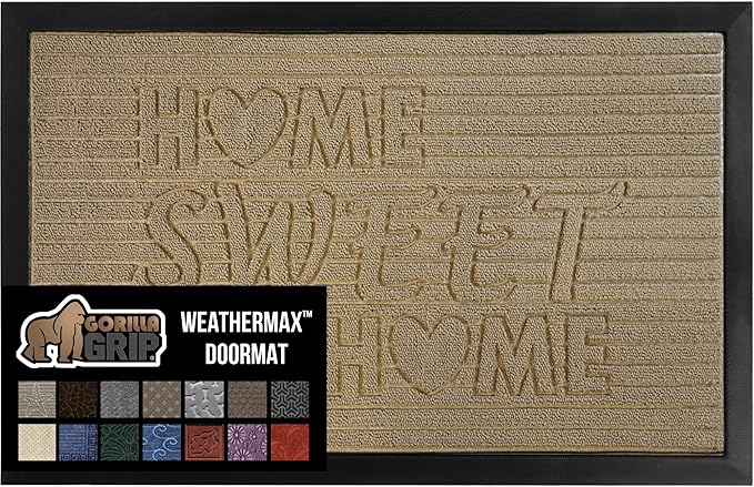 GORILLA GRIP 100% Waterproof All-Season WeatherMAX Doormat, US Designed Natural Rubber, Stain and Fade Resistant, Low Profile Indoor Outdoor Door Mats, Easy Clean Patio Mat, 17x29, Home Sweet Home