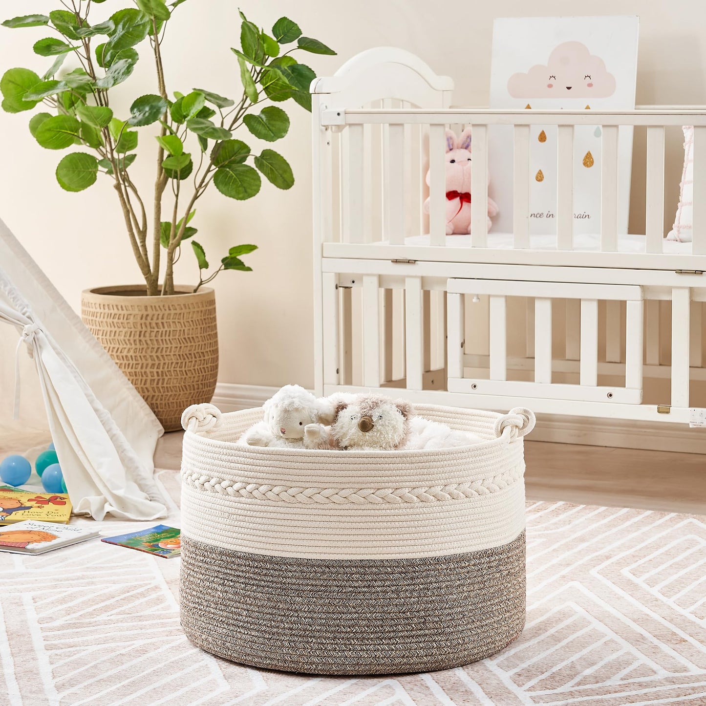 KAKAMAY Large Blanket Basket (20"x13"),Woven Baskets for storage Baby Laundry Hamper, Cotton Rope Blanket Basket for Living Room, Laundry, Nursery, Pillows, Baby Toy chest (White/Beige)