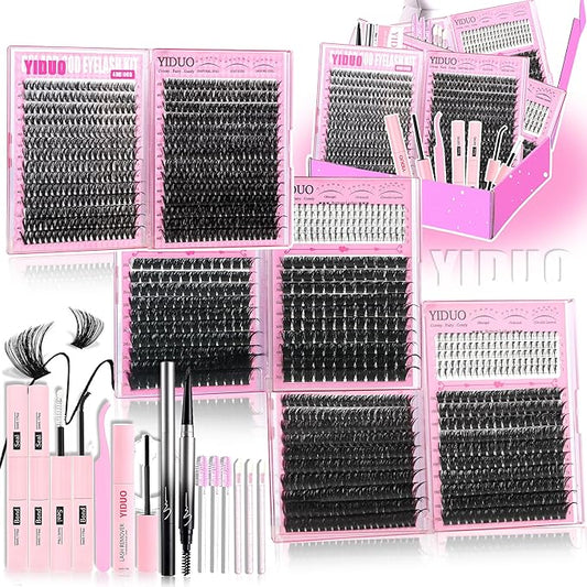YIDUO 1520Pcs Lashes Clusters Kit with Spikes+Bottom 6 Styles 100D/200D/300D Cluster Lash Extension Kit with 2X Bond&Seal 10-20mm Volume Individual Eyelash Extension Kit Gift Packs