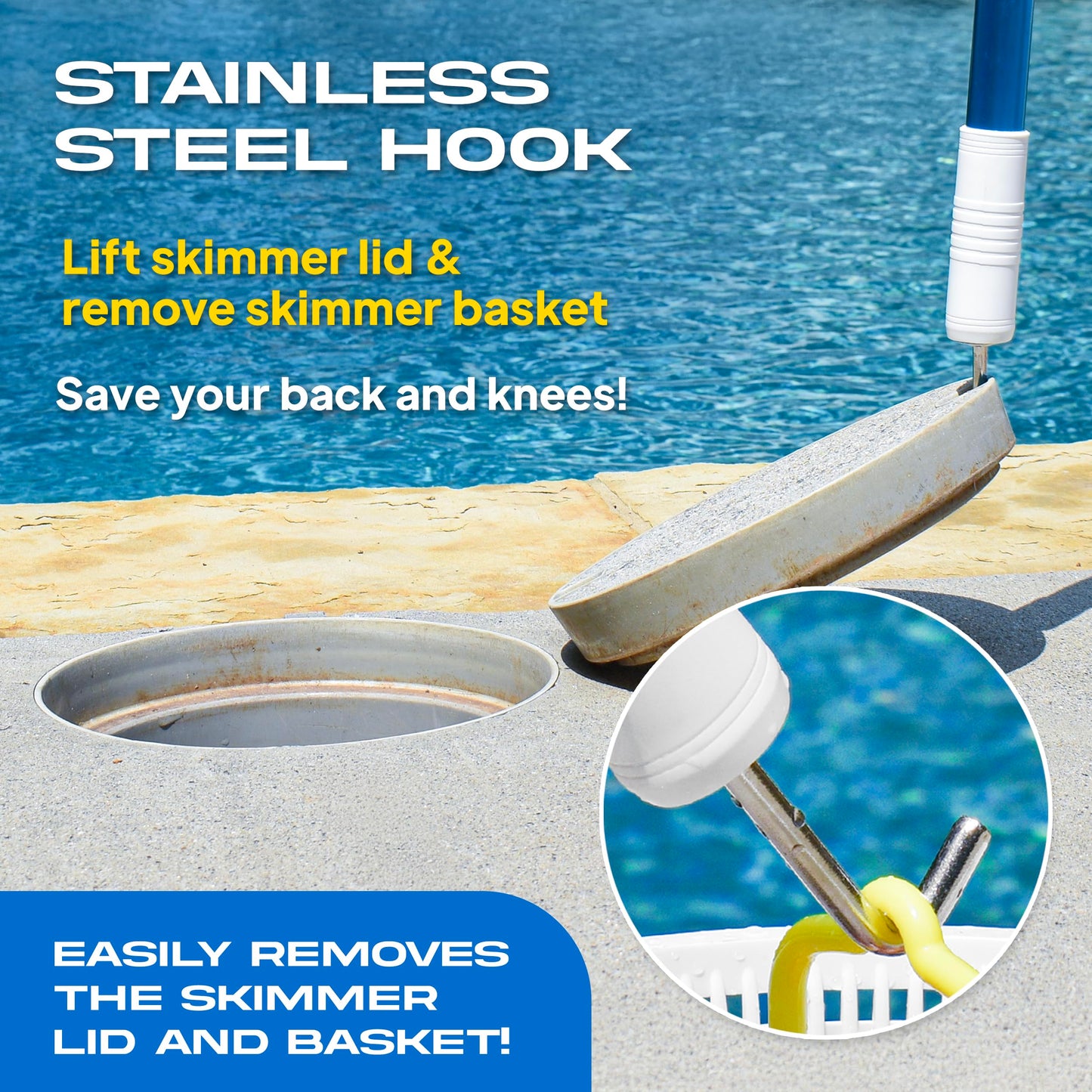 The Skimmie (Long Version) Pool Skimmer Net & Pole 53" with Stainless Steel Hook, Two Skimmer Basket Handles, Fine Mesh Net & Skimmie Dip - Hands-Free Removal of Debris, Bugs, Frogs, Small, Animals