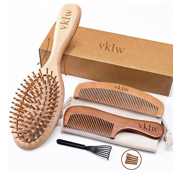Wooden Hair Brush and Comb, One-piece Design, Reduce Frizz and Static, Massage Scalp, Detangling Paddle Hairbrush for Women, Girls, Kids, Includes Cleaning Claw, 5 Wood Bristles