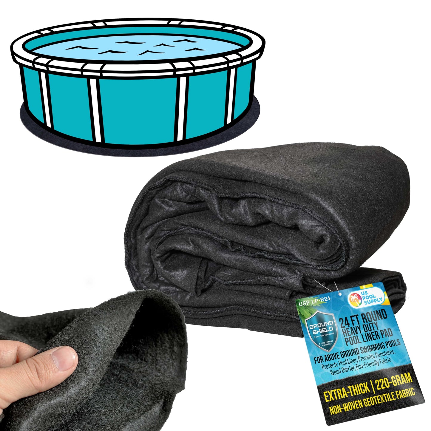 U.S. Pool Supply Ground Shield 24-Foot Round Heavy Duty Pool Liner Pad for Above Ground Swimming Pools - Protects Pool Liner, Prevents Punctures, Weed Barrier, Eco-Friendly Fabric - Extends Liner Life