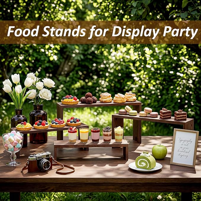 2 Set Wooden Cupcake Stand for Decor, 4 Tiered Stackable Display Risers, Farmhouse Decor Wood Dessert Table Display Set for Party, Vendor Events, Dark Brown