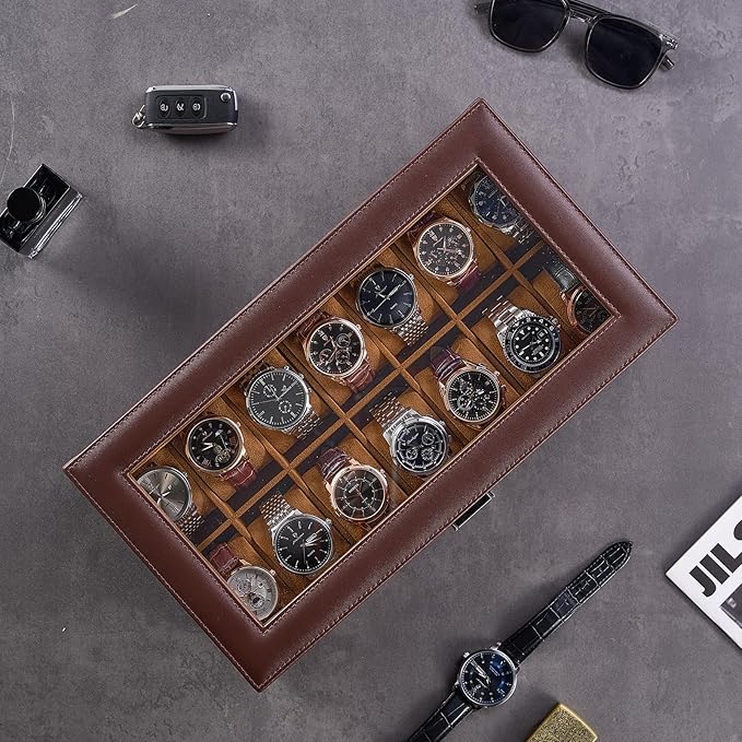ProCase Watch Box, 14 Slot Mens Watch Case With Drawer, 2-Layer Watch Display Case With Glass Lid, Mens Jewelry Box Storage Holder Organizer, Birthday Valentine Gifts for Men -14Slot, Espresso