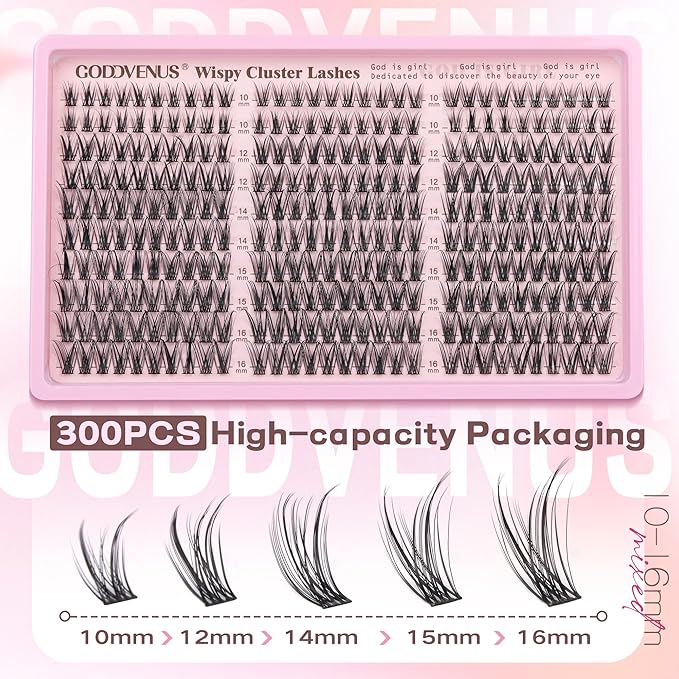 Goddvenus Eyelash Extensions Wispy Natural DIY C Curl Individual Lashes Clusters Black 10-16mm 300pcs