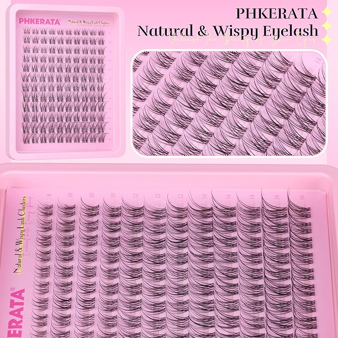 PHKERATA Natural Lash Clusters Invisible Band Eyelash Clusters Wispy Lashes Clusters 120 pcs C Curvature Cluster Eyelash Extensions DIY Thin Clear Band Individual Lashes at Home, 8-16mm