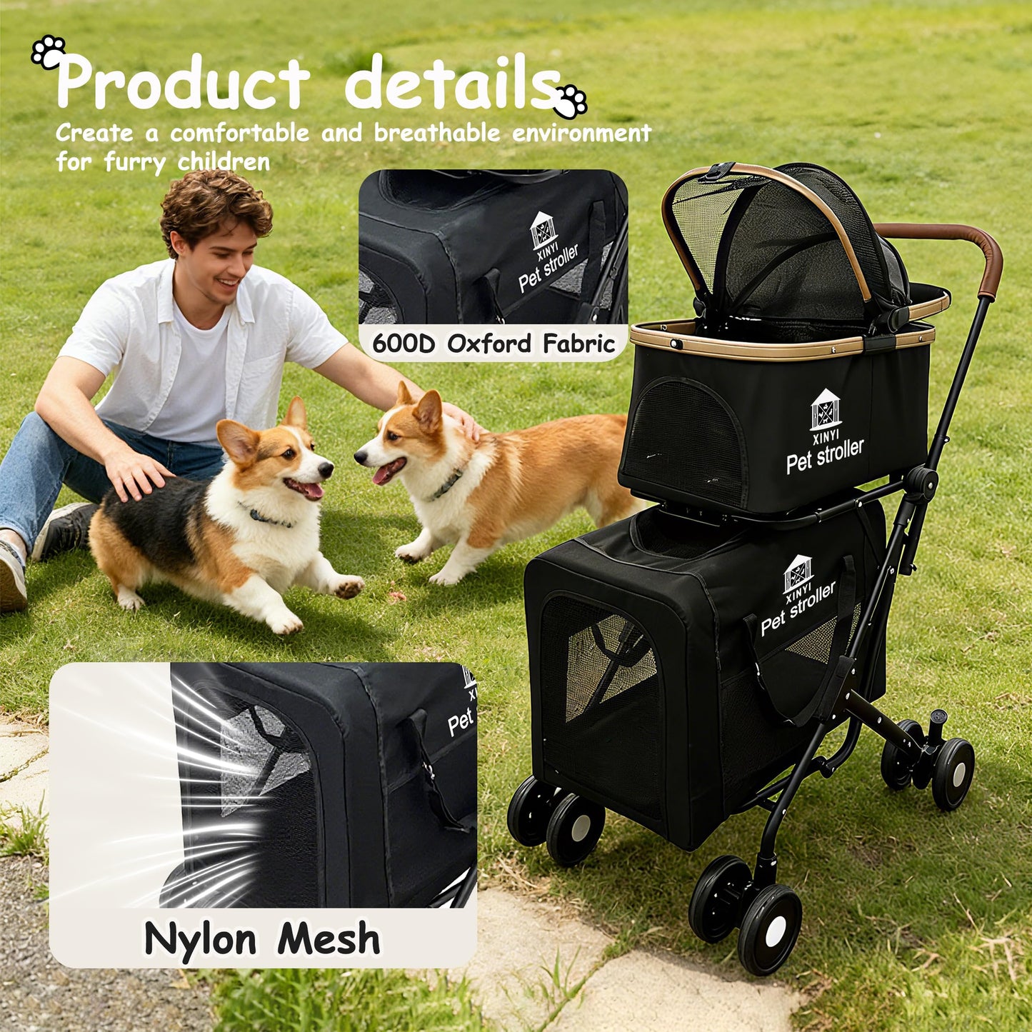 XL Extra-Large Double Pet Stroller, Running&Travel Pet Cart with Weather Cover, Cat&Dog Stroller for Large/Medium/Small Pets, Outdoor Pet Supplies