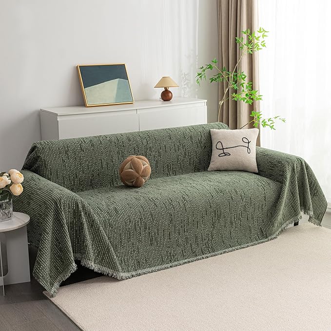 MYSKY HOME Couch Covers for 2 Cushion Couch Sectional Sofa, L Shape Sofa Protector Moss Green Chenille Couch Cover, Sofa Covers Washable Blanket with Tassel Pet Couch Cushion Cover, 71"X102"