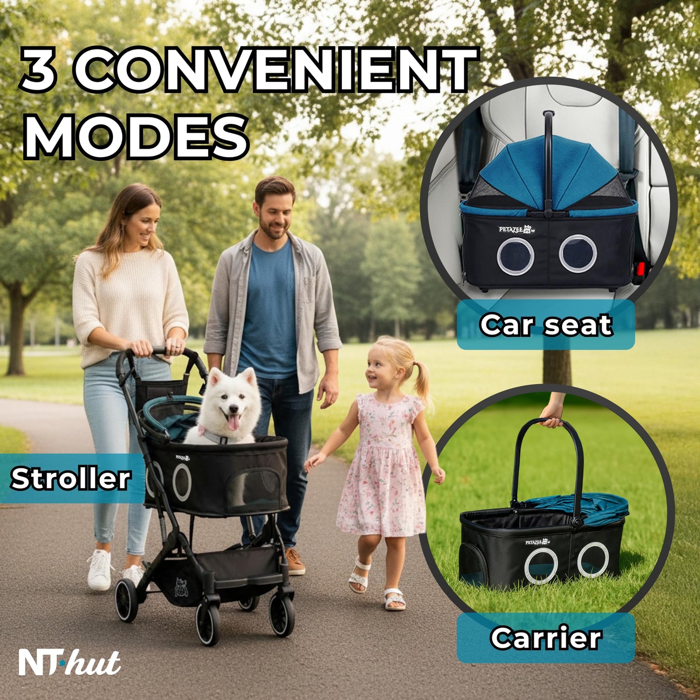 Pet Stroller for Small & Medium Dogs and Cats Up to 50 lbs, 3-in-1 Lightweight Dog Stroller with Detachable Carrier, 360° Mesh Windows, One-Click Fold, Storage Bag & Basket, Cup Holder, All-Terrain