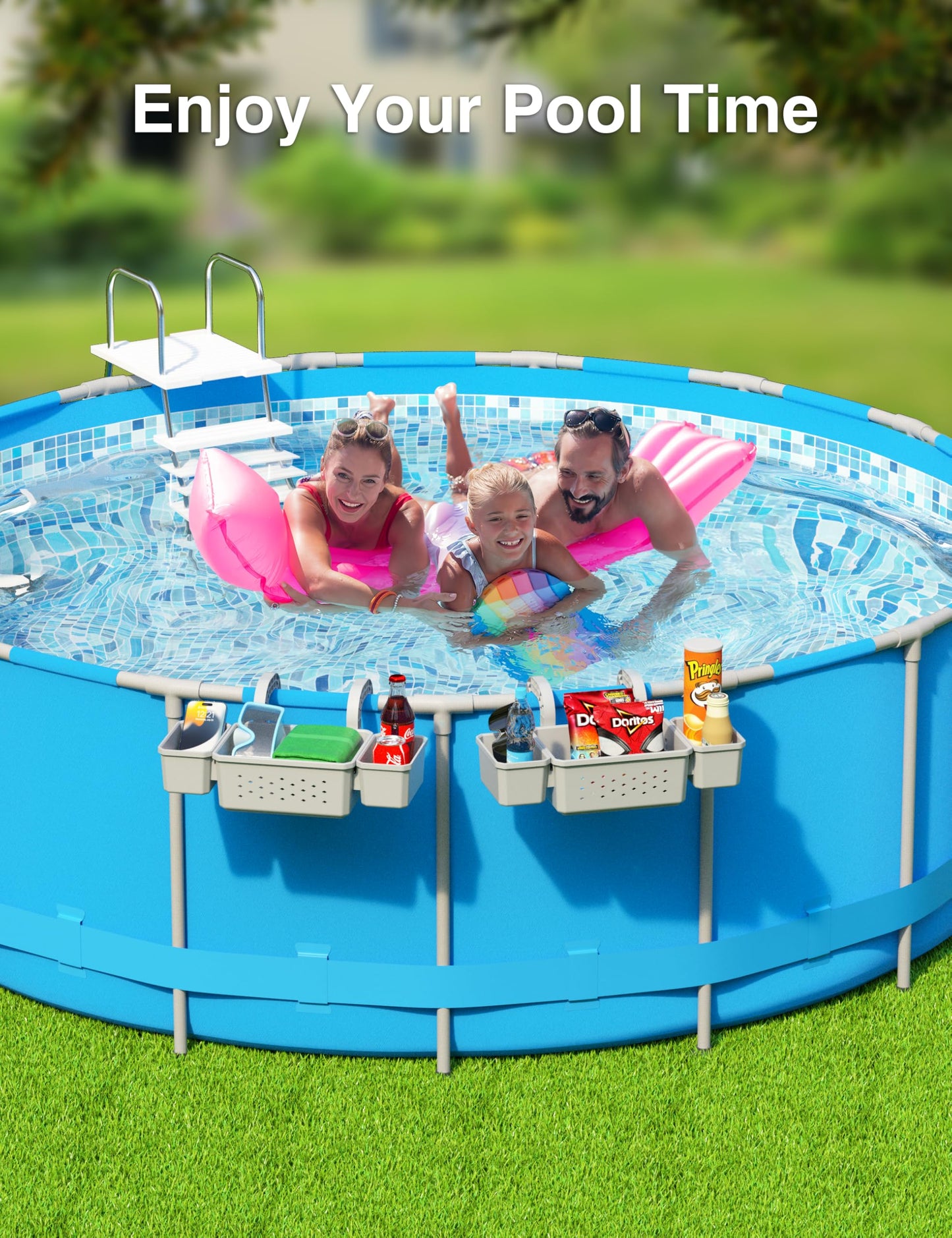POOLHOUR [Patented] Poolside Storage Basket with 2 Cup Holders, Stretchable Above Ground Pool Accessories Organizer, Multifunctional Poolside Holder for Most Frame Pool Accessories (2Pack)