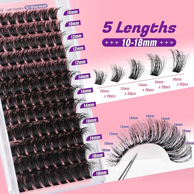 Focipeysa Fluffy Lash Clusters 100D Eyelash Clusters 10-18mm Fluffy Volume Individual Lashes D Curl Cluster Eyelash Extensions DIY Lash Extension for Beginners