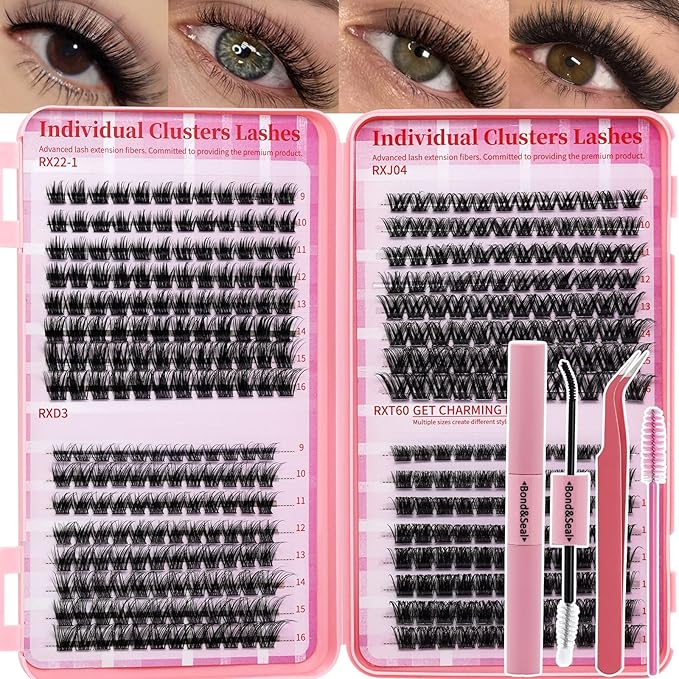 RITALASH Lash Clusters Kit with Lash Bond and Seal DIY Lash Extension Kit Cluster Lashes Mixed Tray Eyelash Extension Kit Soft Thin Band Individual Lashes,Lash Tweezers,Mascara Brush(RX Kit,9-16mm)