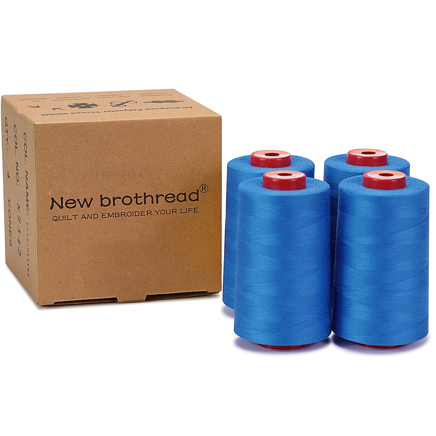 New brothread - 30 Options - 4 Large Cones of 5500Y (5000M) Each All Purpose Spun Polyester Thread 40S/2 (Tex27) for Serger, Overlock, Quilting, Piecing and Sewing - Sky Blue
