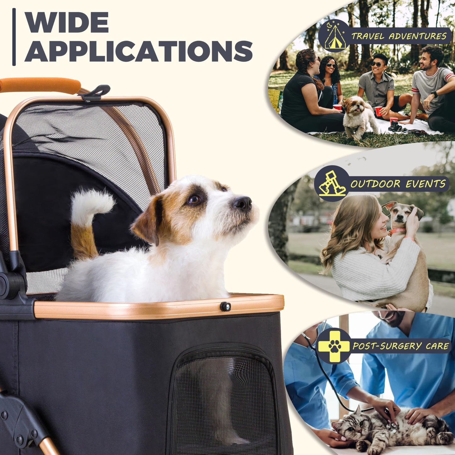 GdnWings Pet Stroller for Small Dogs, Lightweight Small Dog Stroller for Dogs Cats with 6 Shock Absorption System, Detachable Carrier Suitable for Car Seat & Hand Carry, Safe Outings, Black