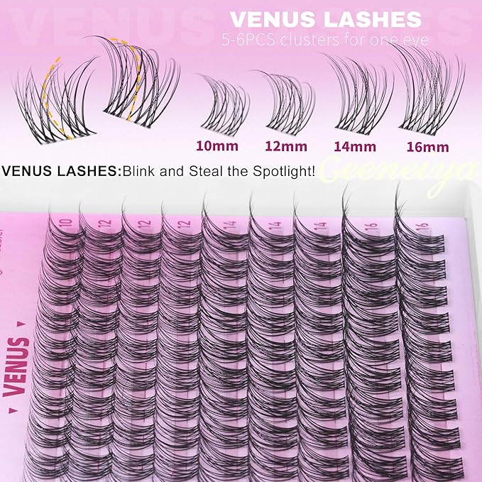 Geeneiya VENUS Lash Clusters, 10-16MM Invisible Natural Eyelash Clusters, Wispy Clear Band Cluster Lashes for Beginners, Waterproof Cluster Eyelash Extensions DIY Lashes (Not Kit)