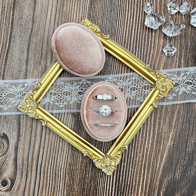 Velvet Oval Ring Box 3 Slots - Premium Wedding Three Rings Box Vintage Handmade Storage Jewelry Organizer for Proposal, Engagement, Wedding Ceremony, Christmas (Blush Peach)