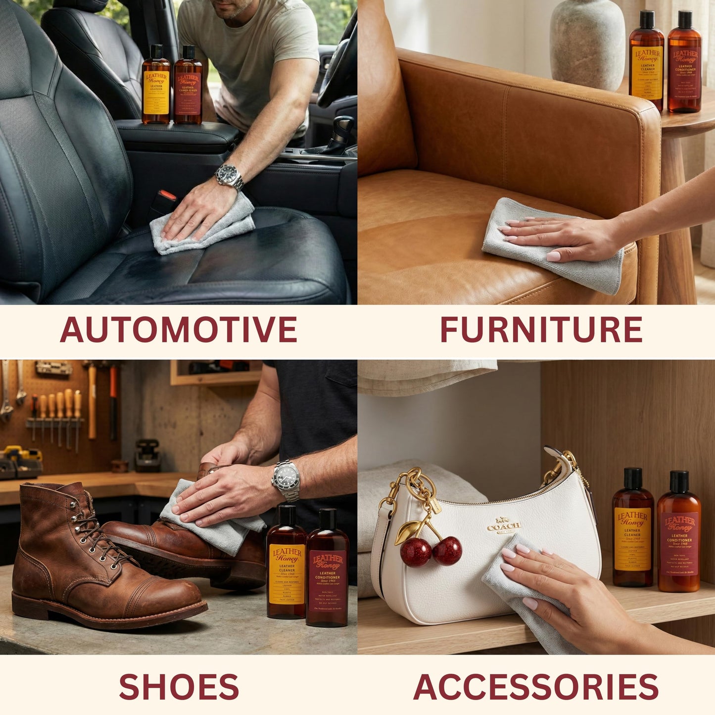 Leather Honey Complete Leather Care Kit: Cleaner, Conditioner, 2 Cloths. Non-Toxic Leather Care Made in the USA Since 1968. Restore Couches, Car Seats & Interior, Jackets, Shoes & Bags. for Any Color