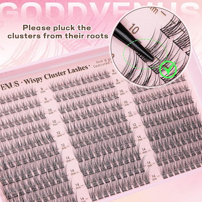 Goddvenus Lash Clusters Wispy 9-14mm Eyelash Clusters Natural DIY Cluster Eyelash Extensions Lash Individual 300pcs Short C Curve