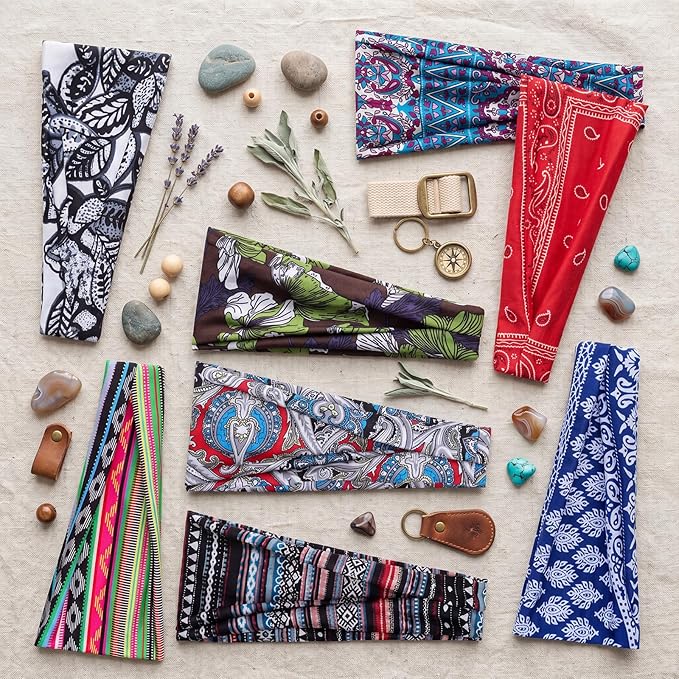 obeoby Sweat-Absorbing Hair Bands, 8 Pack Boho Headbands for Short or Long Hair - Stretchy Great for Yoga, Running, Workout,Hiking Gifts for Women