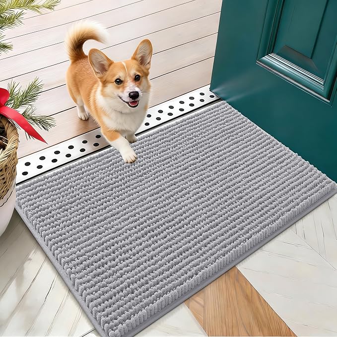 OLANLY Dog Door Mat for Muddy Paws 24x16, Ultra Absorbent Chenille Mud Doormat, Non-Slip Washable and Dirt Trapping Doormat for Indoor Entryway, Quick-Dry Indoor Pet Bed Mats for Dogs, Light Grey