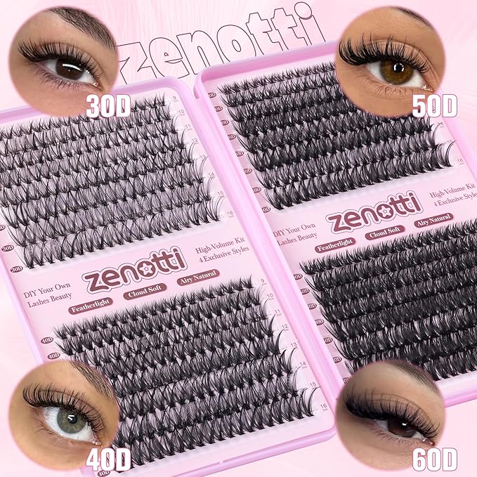 Lash Clusters Kit, 640PCS Natural Eyelash Clusters Kit 30D 40D 50D 60D Wispy Cluster Eyelash Extensions 9-16mm Daily Look Individual Lashes Soft Band with Lash Bond & Seal Tweezers Brush by zenotti