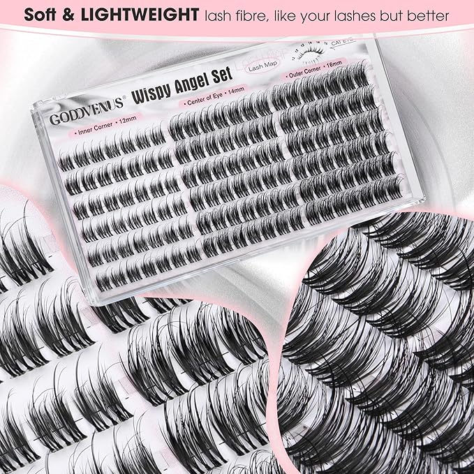 Goddvenus Wispy Natural Lash Clusters 12-14-16mm CC Curl DIY Cluster Eyelash Extensions for Clean Makeup, Individual False Eyelashes Cat Eye Lash Clusters