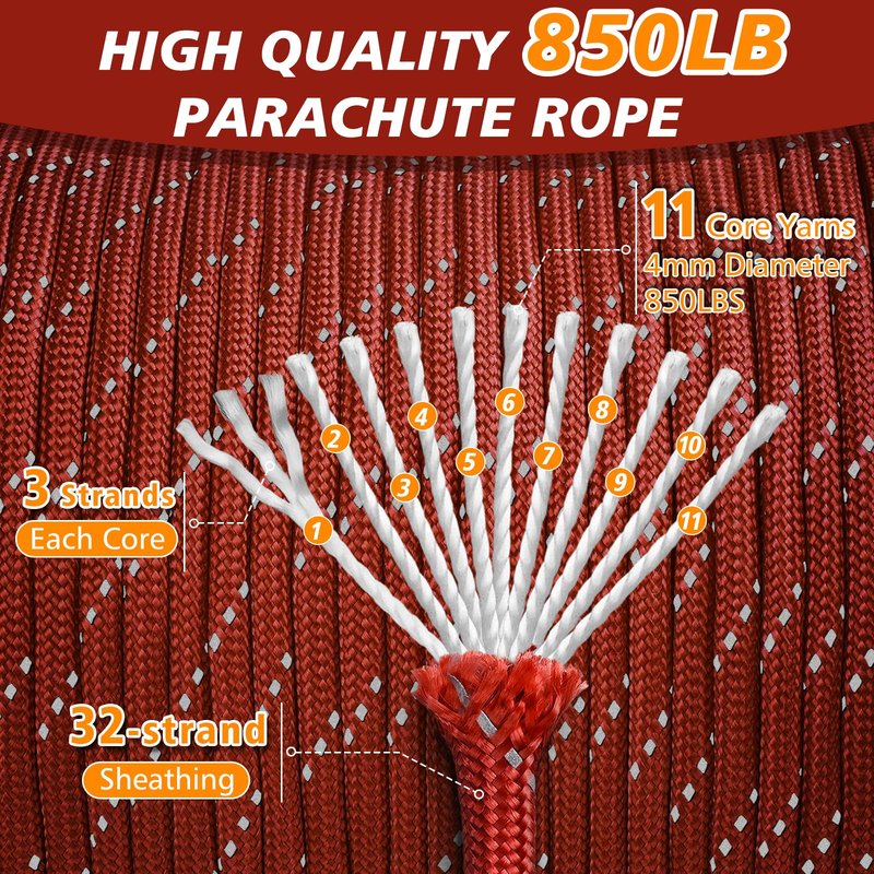 Thadavo 850Ib Reflective Paracord Rope, 50/100/200/500/1000ft 4MM 11 Strand Cords Lanyard Utility Parachute Cord for Tent Camping Hiking Fishing Survival Tactical Clothesline DIY Projects, Red 100FT