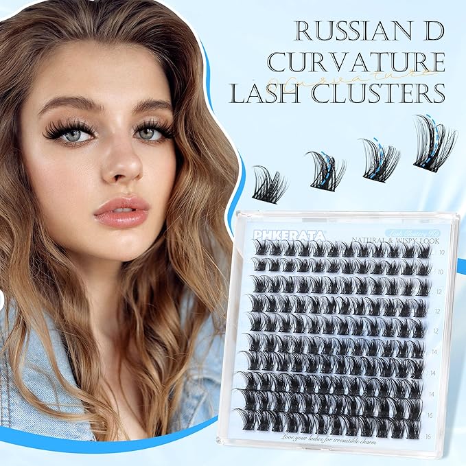 PHKERATA Wispy Eyelash Clusters Natural Lash Clusters 120 pcs Cluster Eyelash Extensions Wispy D Curvature Individual Lashes Reusable DIY Lash Extension Thin Lash Band