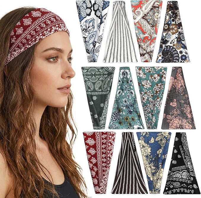 Headbands for Women, 12PCS Wide Stretchy Sports Hair Bands, Elastic Soft Fashion Head Bands, Non-Slip Running Sweatbands for Fashion, Washing Face, Workouts, Yoga, Daily Use