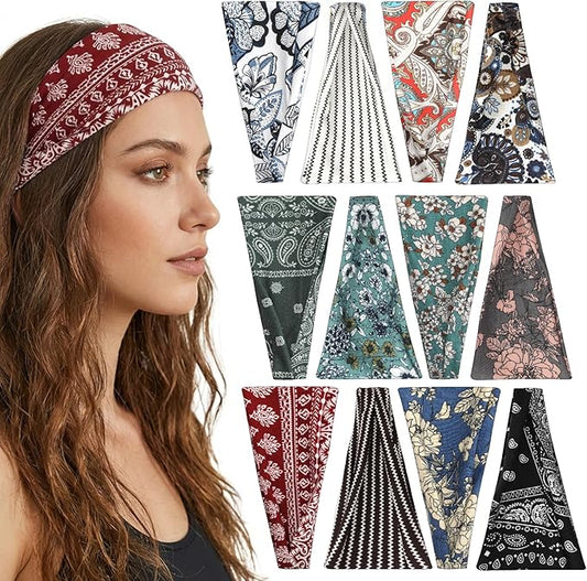 Headbands for Women, 12PCS Wide Stretchy Sports Hair Bands, Elastic Soft Fashion Head Bands, Non-Slip Running Sweatbands for Fashion, Washing Face, Workouts, Yoga, Daily Use