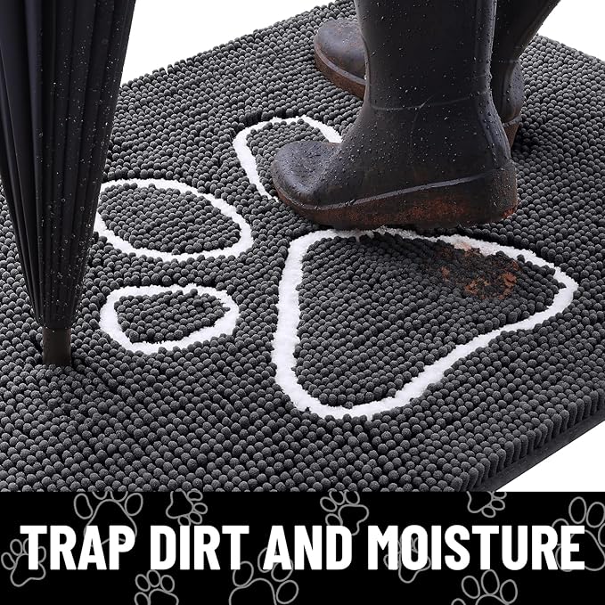 Smiry Dog Door Mat for Muddy Paws, Absorbent Dirt Trapper Non Slip Quick Dry Washable Chenille Mat for Mud Dogs, Entry Rug for Indoor and Outdoor (59x20 Inches, Dark Grey and White)