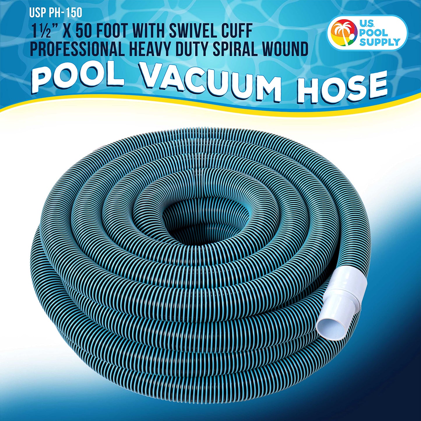 U.S. Pool Supply Pool Vacuum Hose - 1-1/2" x 50' Professional Heavy Duty Pool Hose for Inground, Spiral Wound with Kink-Free Swivel Cuff - Connect to Vacuum Heads, Skimmer, Cleaner, Filter Pump Inlet