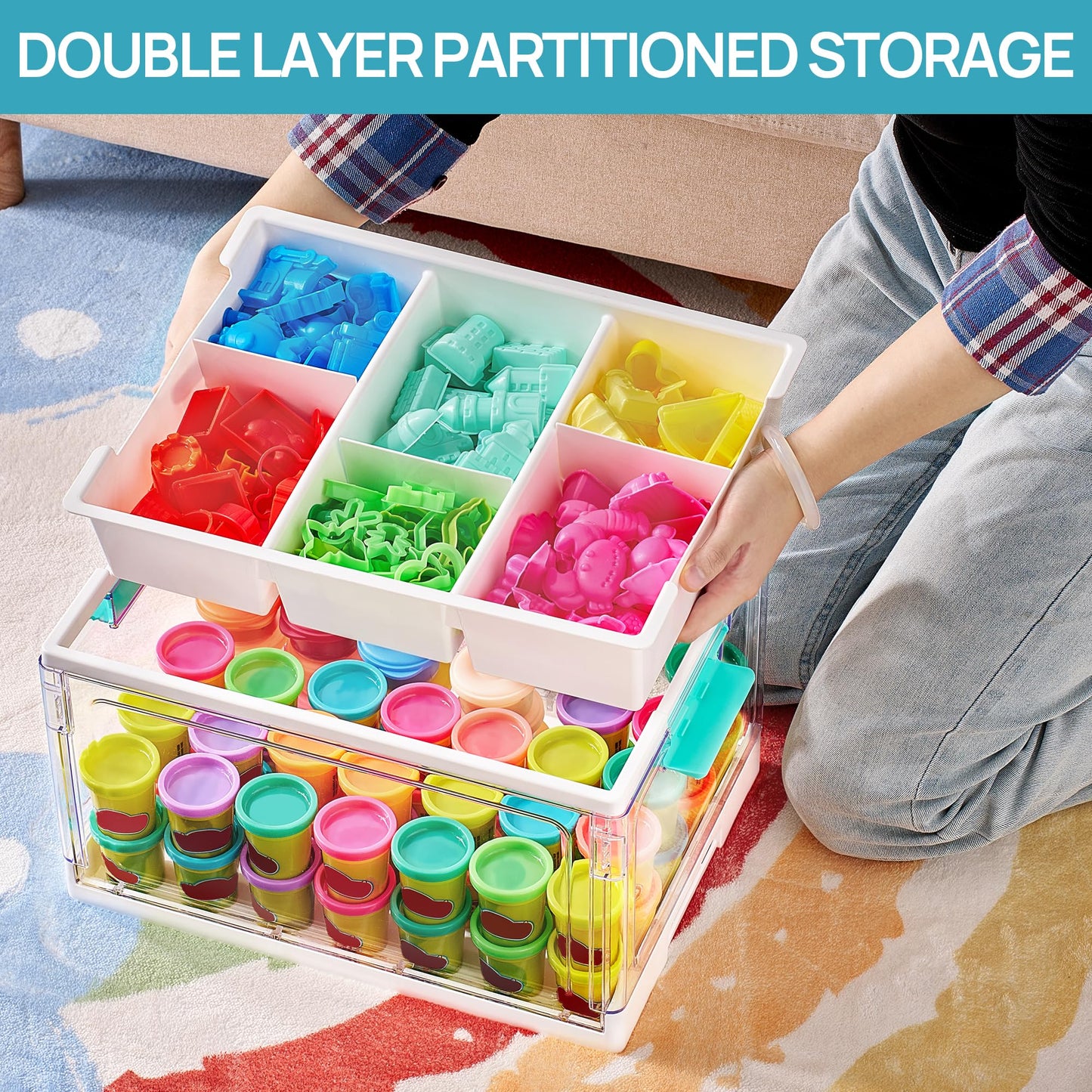 Vtopmart 24 QT Clear Plastic Craft Organizer with Removable Trays and Dividers, Storage Box for Coloring Books, Modeling Clay, Molds and Art Supplies, 1 Pack